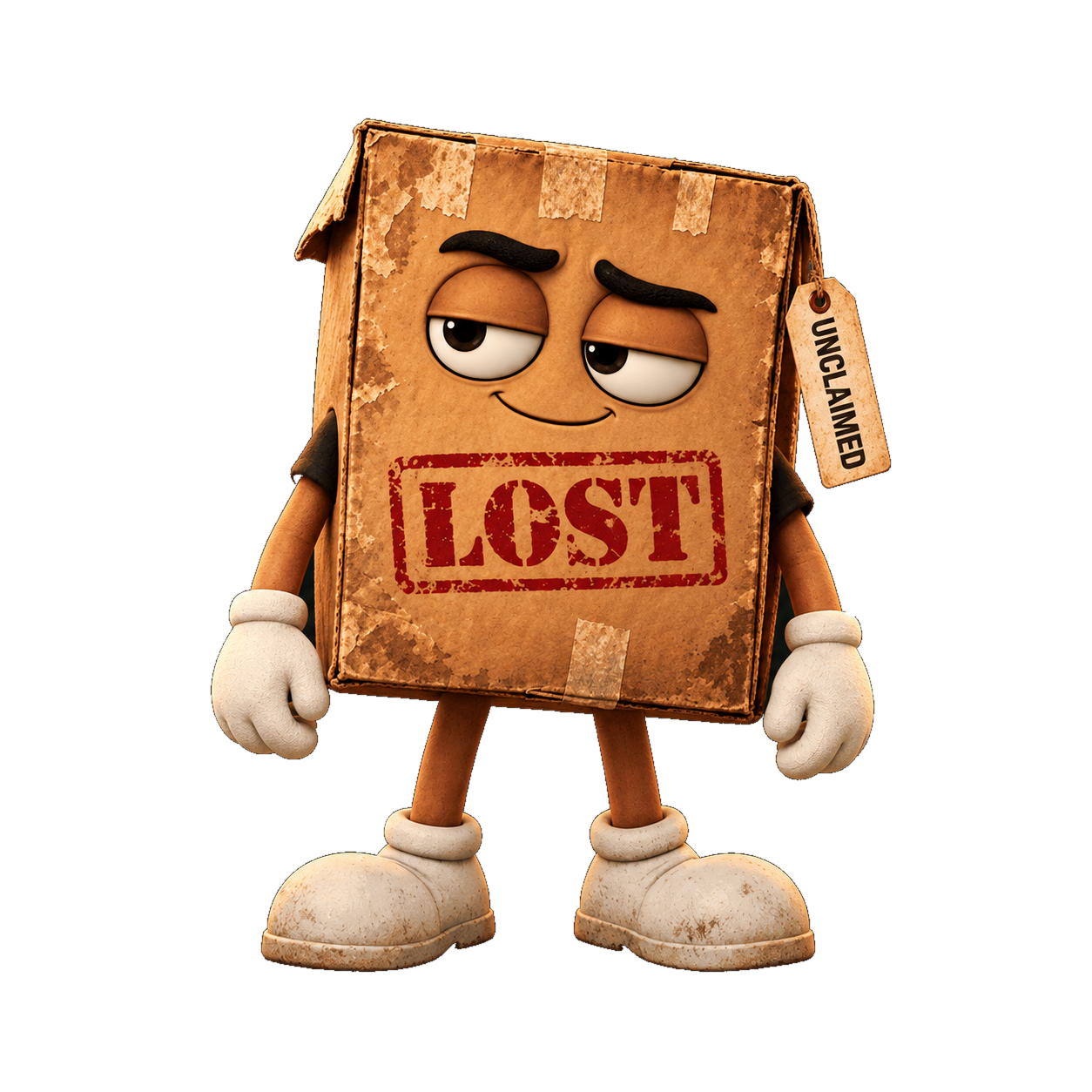 Full-body LOST parcel mascot with white gloves and trainers